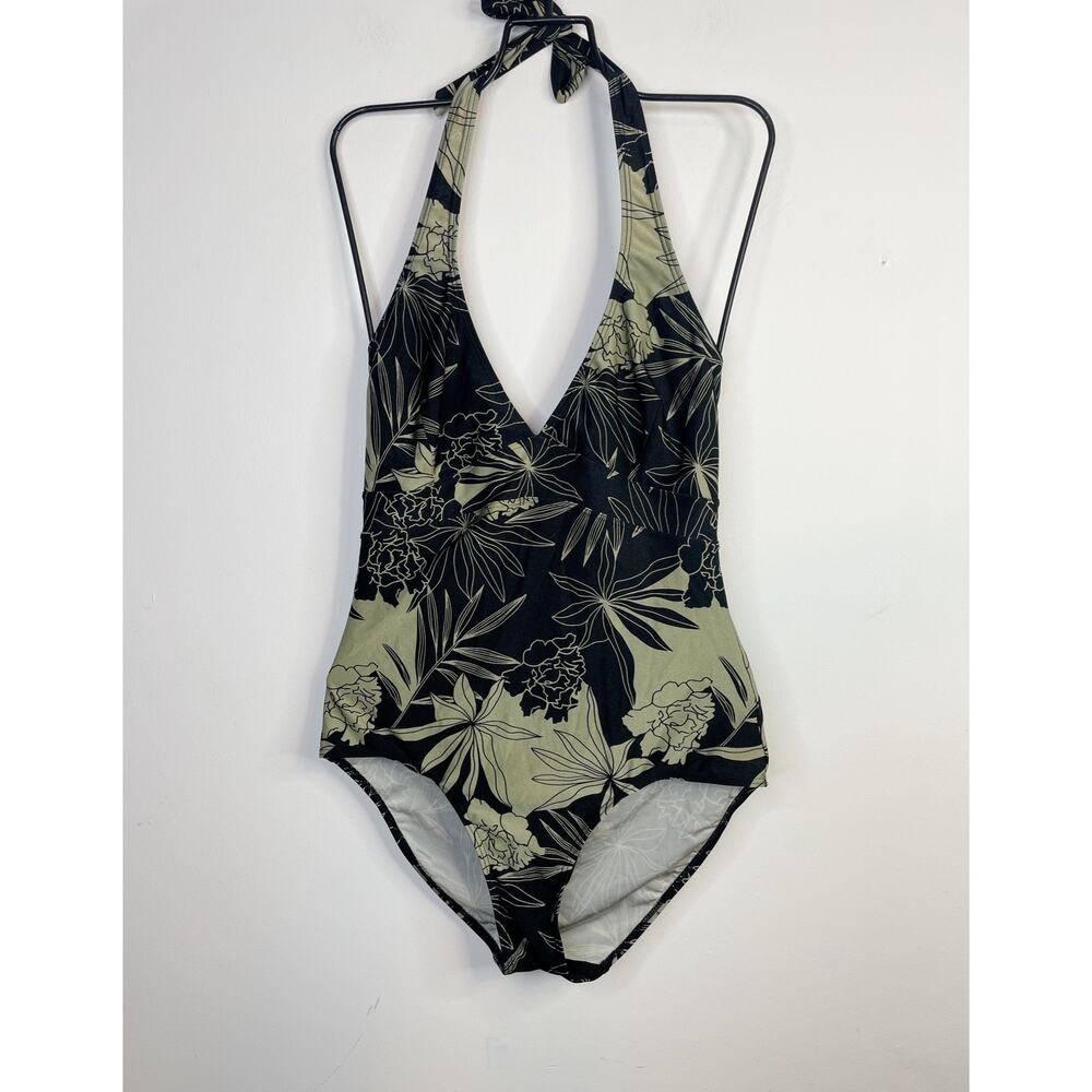 Long Tall Sally One Piece Swimsuit Swim Suit Tropical Halter Black Olive 10